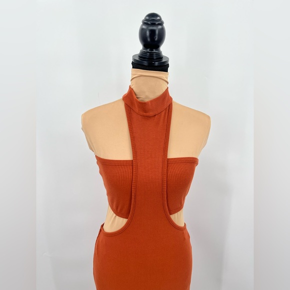 Rust cut out bodycon ribbed stretch maxi dress resortwear vacation sexy nightout - Picture 5 of 9
